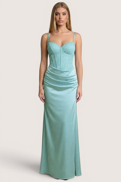 Vestido largo turquesa corset encaje falda satinada