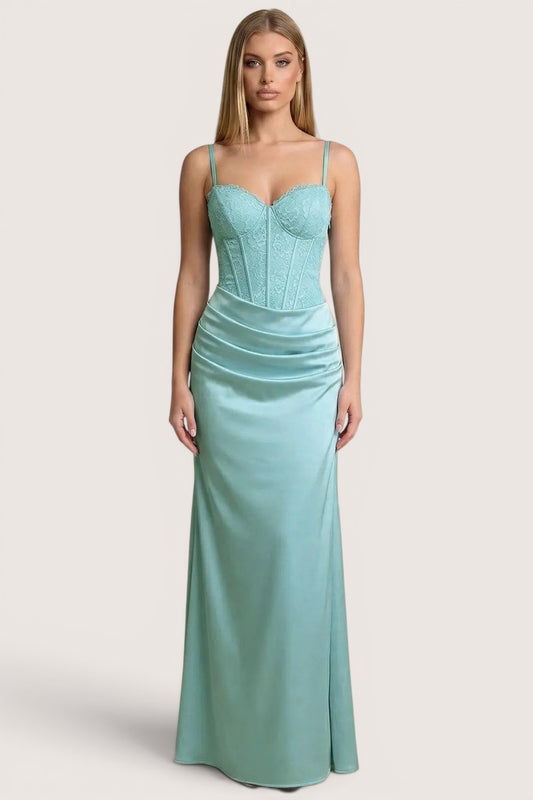 Vestido largo turquesa corset encaje falda satinada
