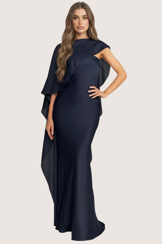 Vestido largo azul marino satín sirena capa chiffon