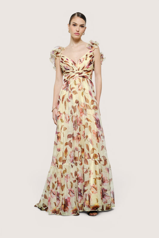 Vestido largo crema floral tirantes olanes - frente