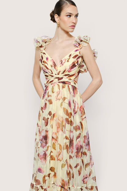 Vestido largo crema floral espalda