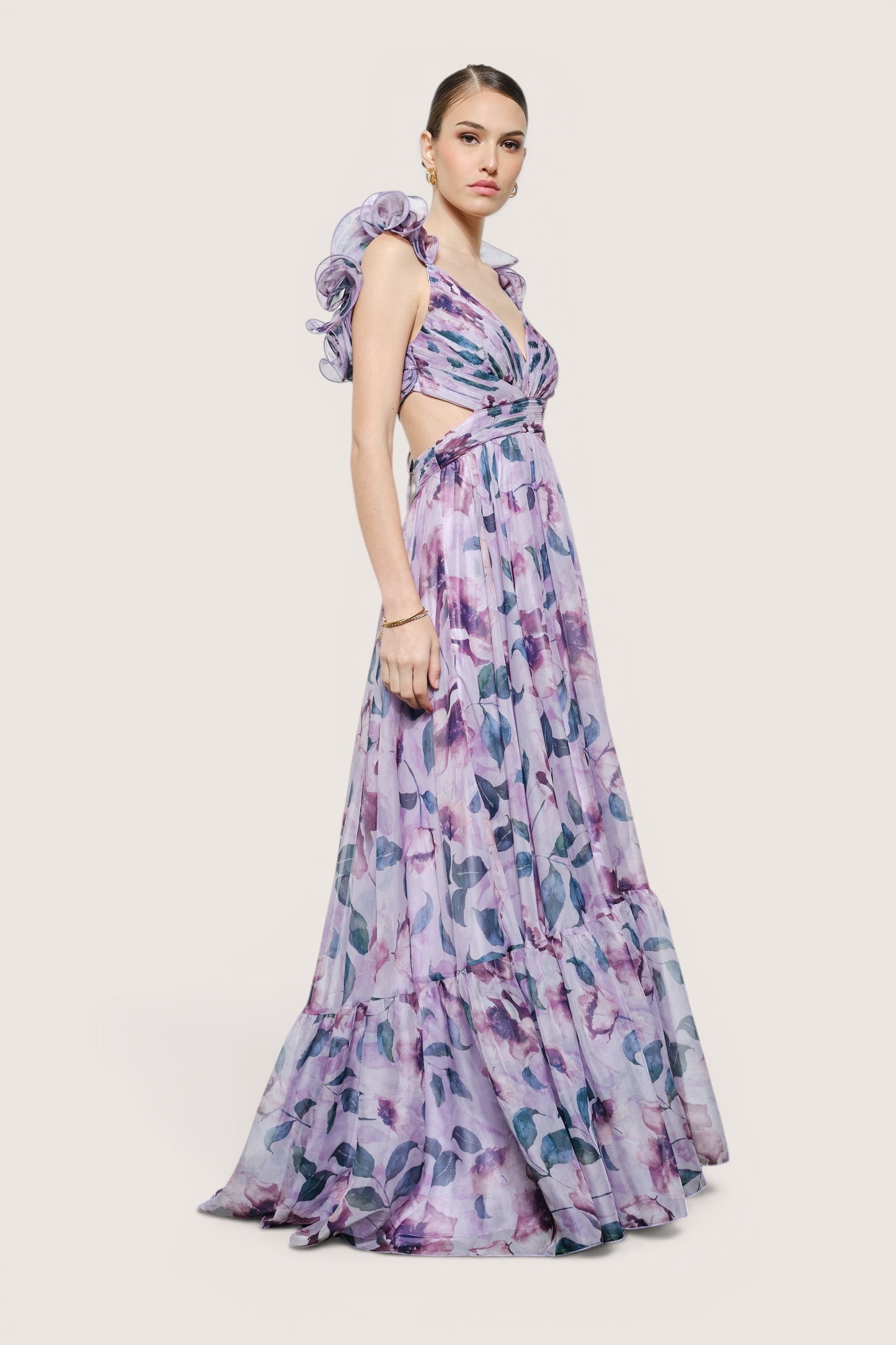 Vestido largo morado detalle