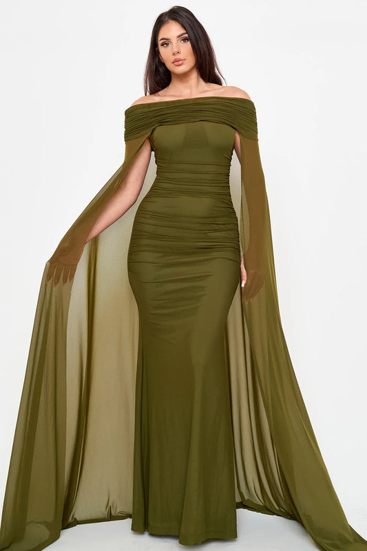 Vestido largo verde olivo off-shoulder sirena con capa de mesh — vista frontal