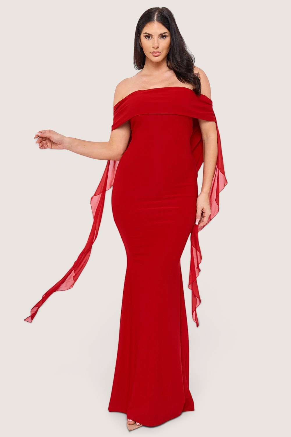 Vestido largo rojo off-shoulder sirena con mangas capa de chiffon — vista frontal