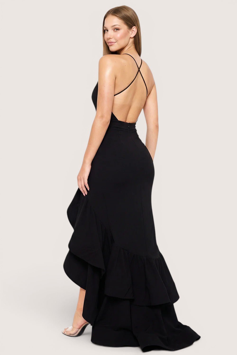 Vestido negro escote V tirantes espagueti Pink Shop