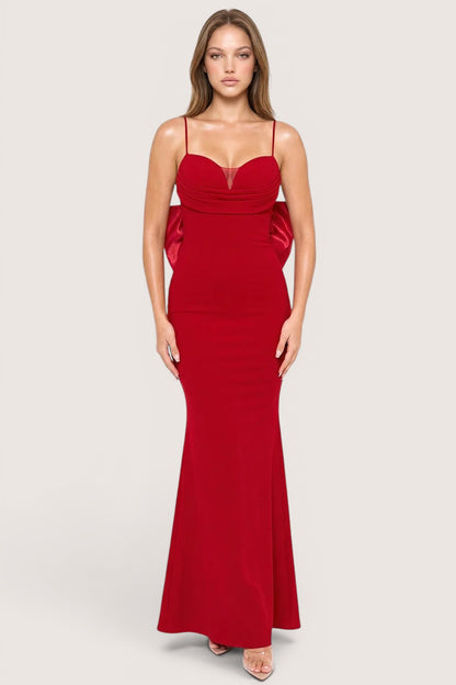 Vestido largo rojo escote corazón bustier drapeado — vista frontal