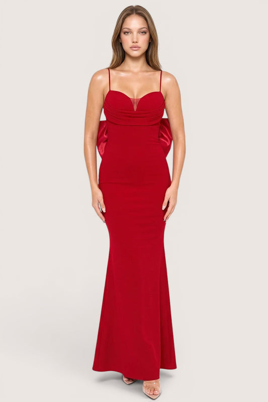 Vestido largo rojo escote corazón bustier drapeado — vista frontal