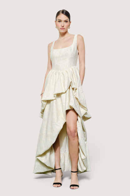 Vestido maxi vainilla jacquard floral hi-low — vista frontal