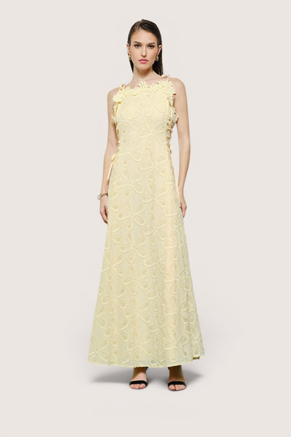 Vestido maxi vainilla encaje calado eyelet — vista frontal