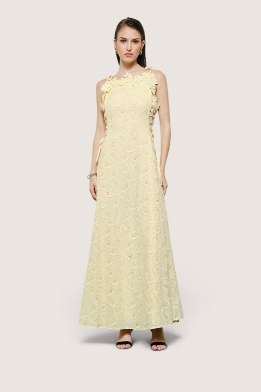 Vestido maxi vainilla encaje calado eyelet — vista frontal