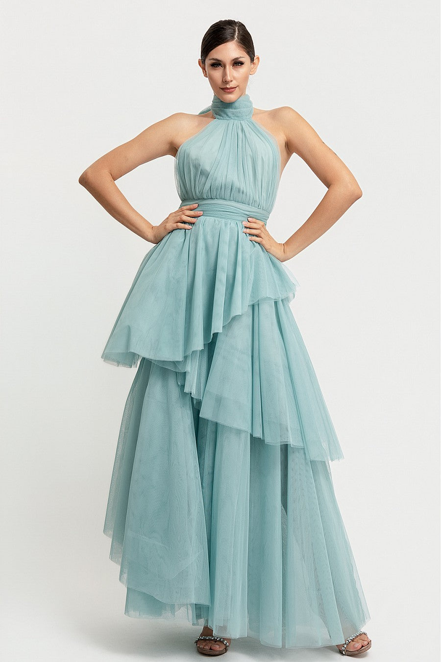 Vestido tutú asimétrico sage halter — vista frontal