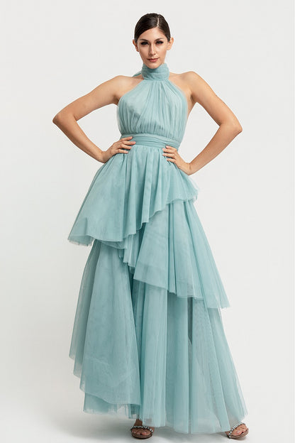 Vestido tutú asimétrico sage halter — vista frontal