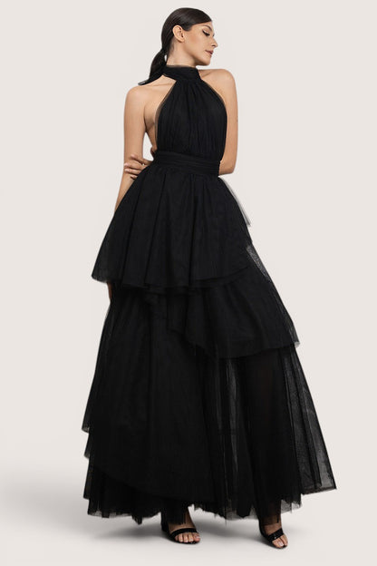 Vestido tutú asimétrico negro halter — vista frontal