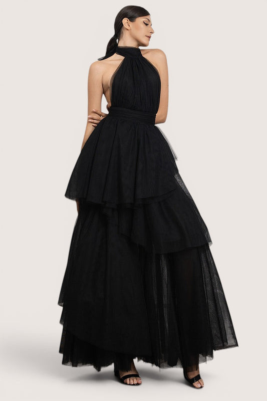Vestido tutú asimétrico negro halter — vista frontal