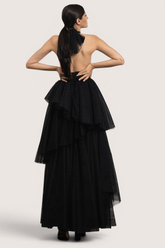 Vestido negro tul capas asimétricas Pink Shop