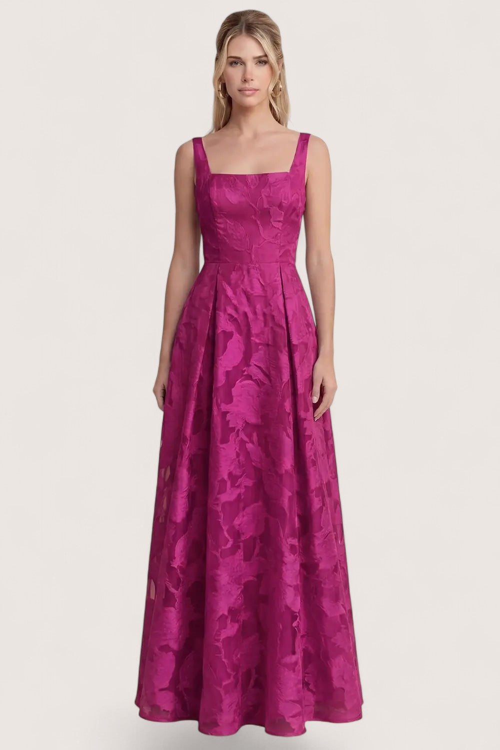 Vestido largo berry jacquard floral escote cuadrado — vista frontal