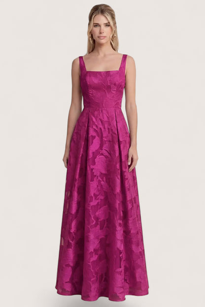 Vestido largo berry jacquard floral escote cuadrado — vista frontal