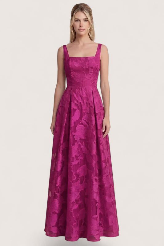 Vestido largo berry jacquard floral escote cuadrado — vista frontal