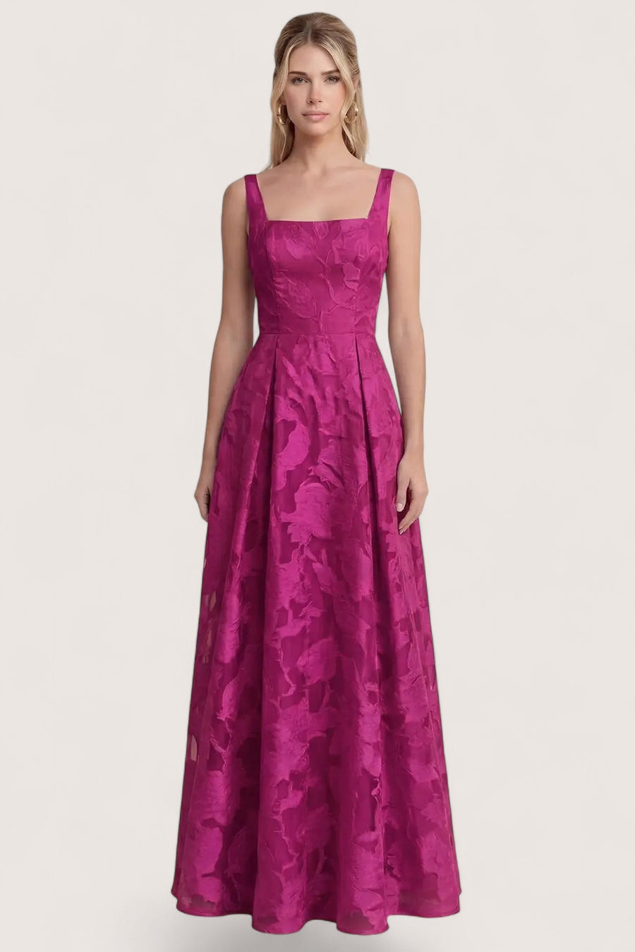Vestido largo berry jacquard floral escote cuadrado — vista frontal