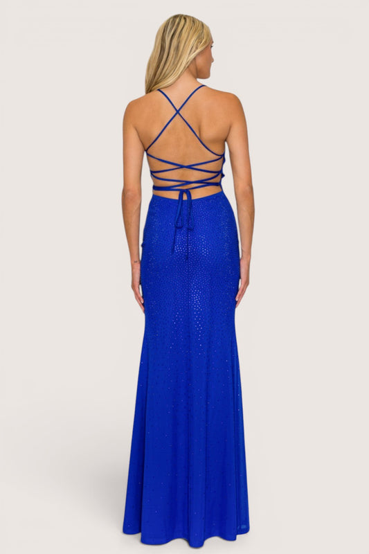 Vestido largo azul royal con pedrería sirena — vista frontal