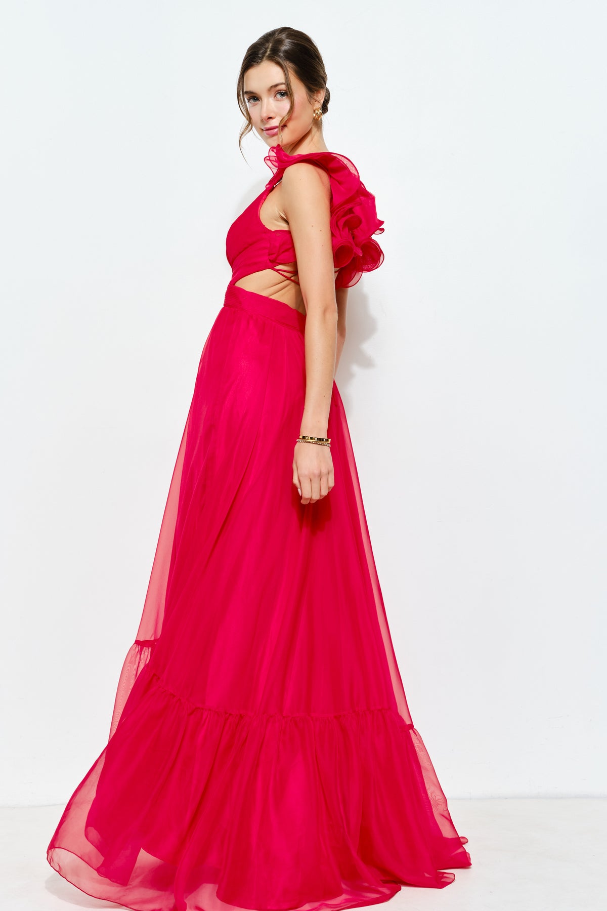 Pink Shop by MAF Vestido Largo Amarillo Limon Organza Volantes Espalda Cruzada | V260514 , vista 3