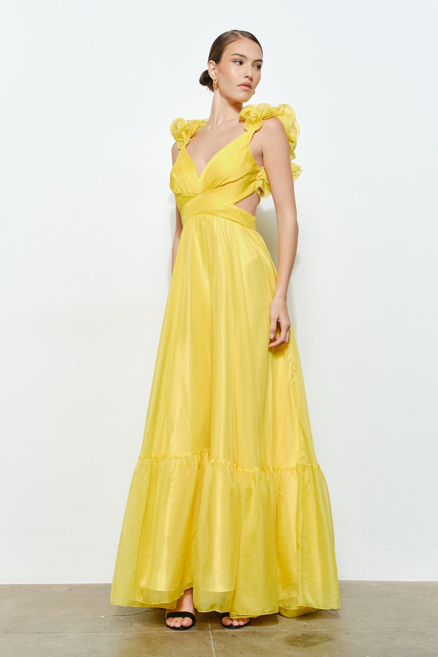 Pink Shop by MAF Vestido Largo Amarillo Limon Organza Volantes Espalda Cruzada | V260514 , vista 1