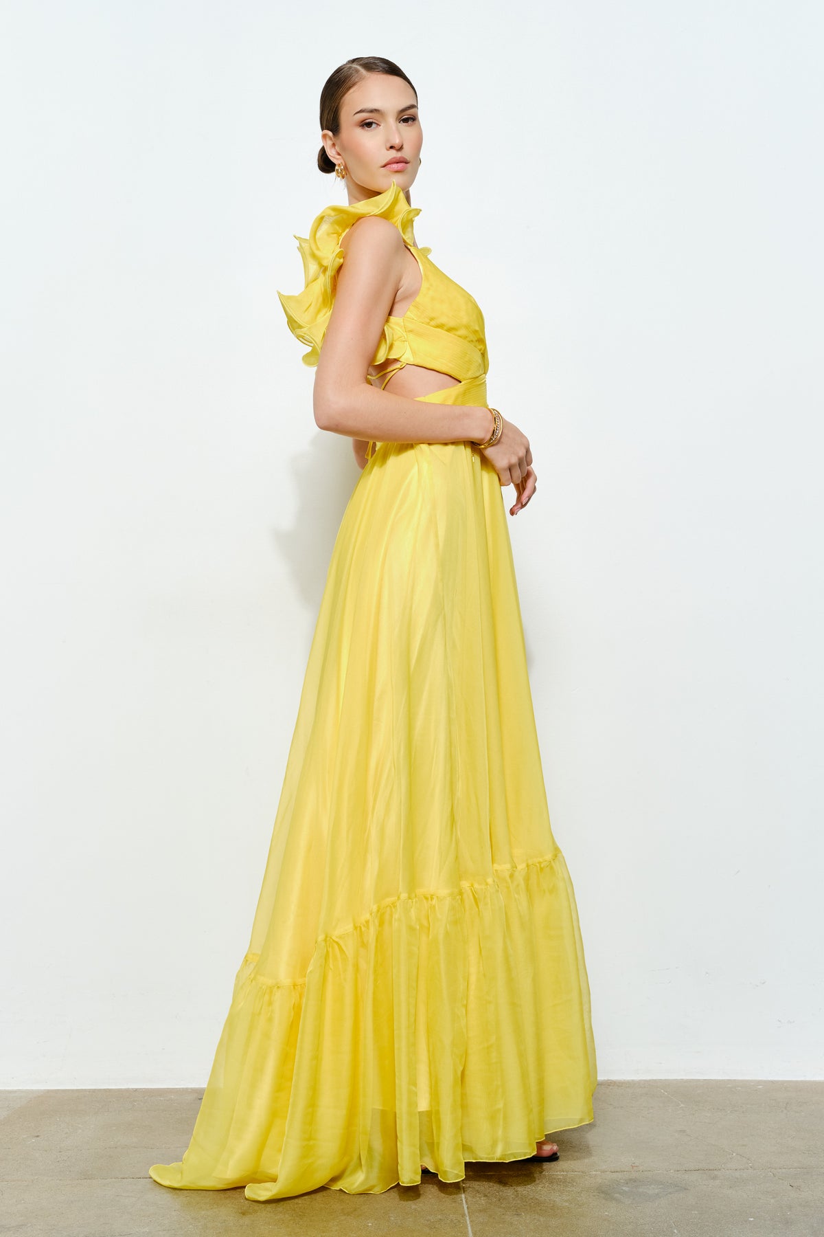 Pink Shop by MAF Vestido Largo Amarillo Limon Organza Volantes Espalda Cruzada | V260514 , vista 9