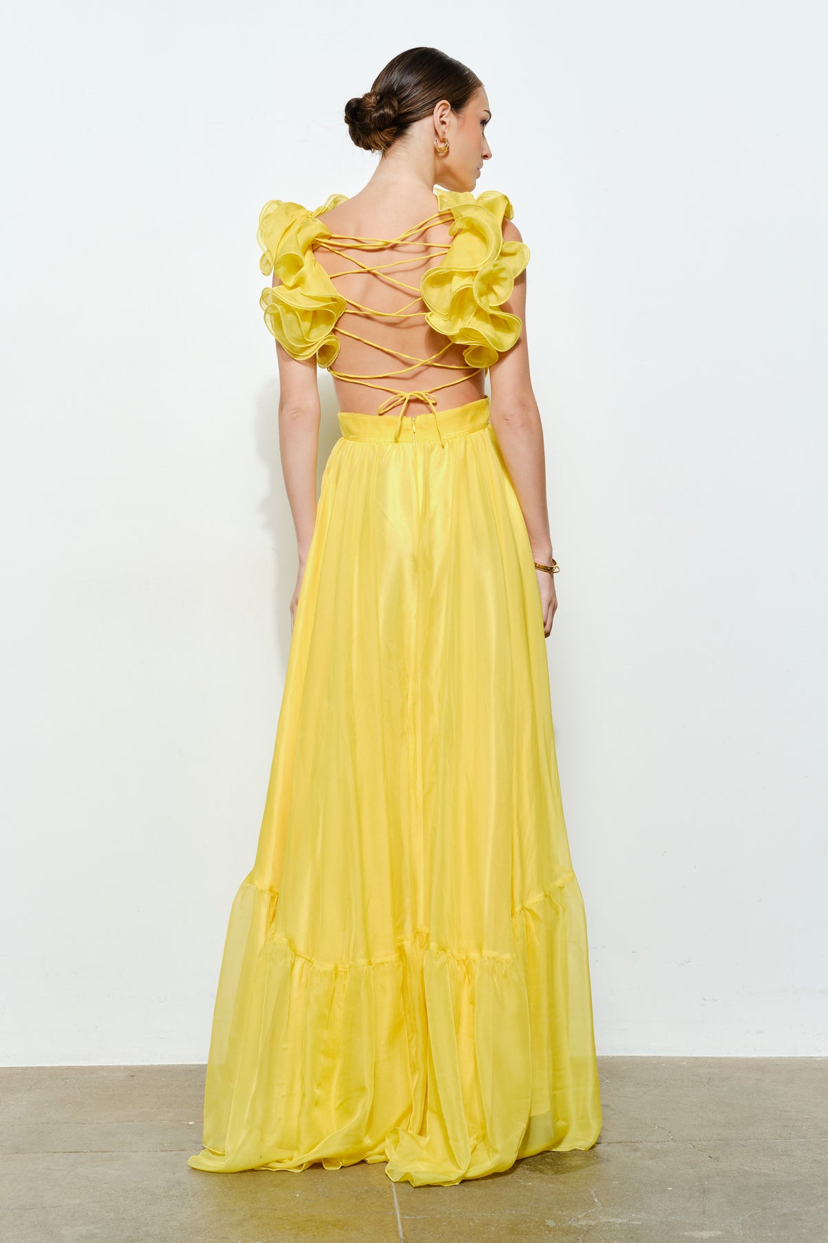 Pink Shop by MAF Vestido Largo Amarillo Limon Organza Volantes Espalda Cruzada | V260514 , vista 10