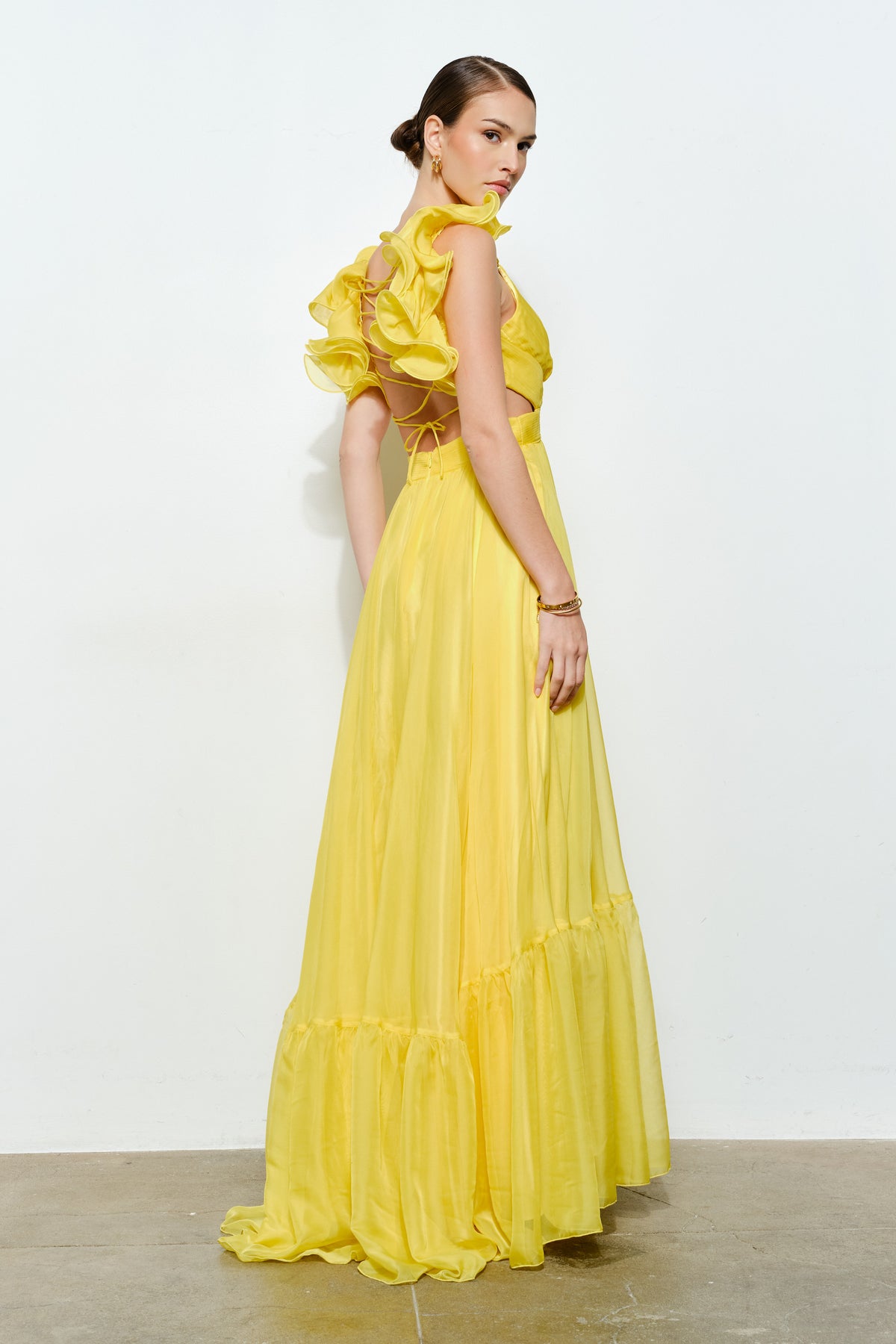 Pink Shop by MAF Vestido Largo Amarillo Limon Organza Volantes Espalda Cruzada | V260514 , vista 11
