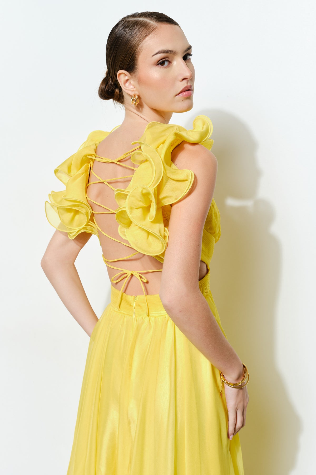 Pink Shop by MAF Vestido Largo Amarillo Limon Organza Volantes Espalda Cruzada | V260514 , vista 12