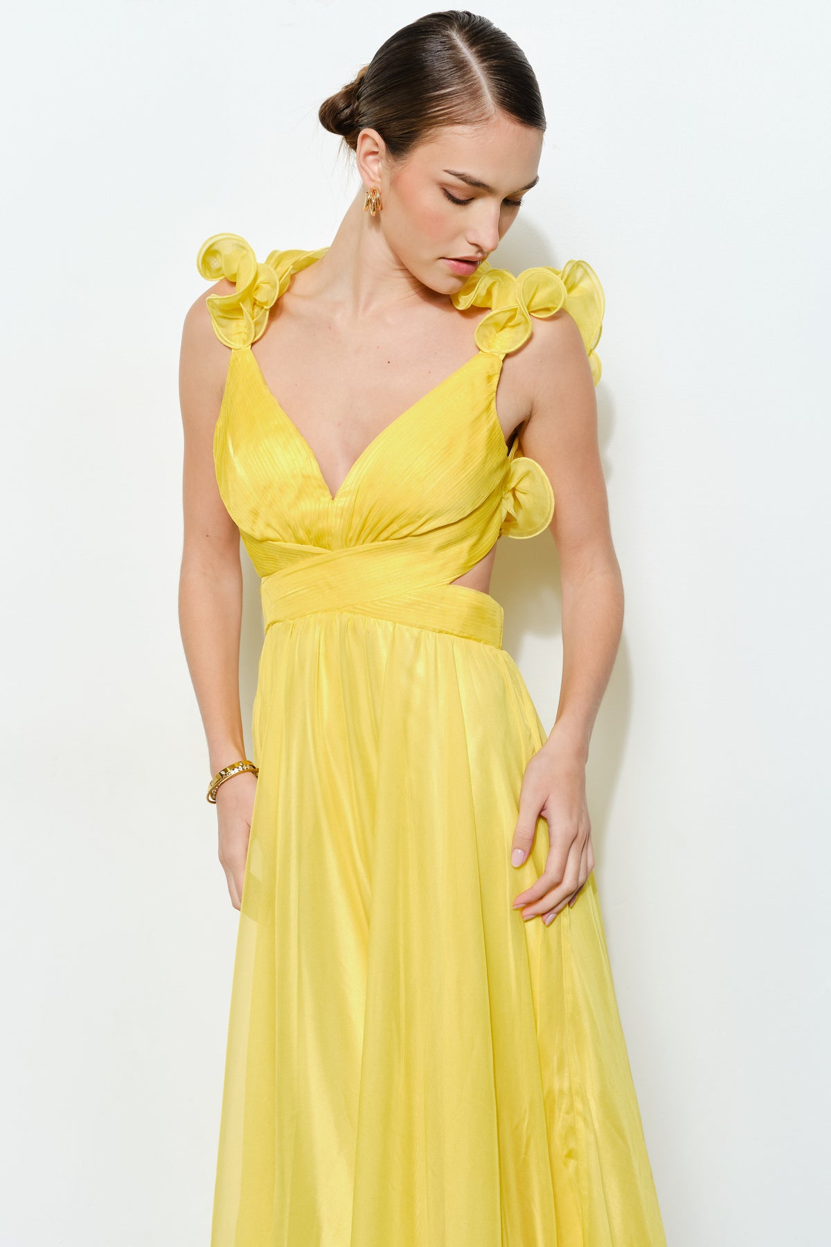 Pink Shop by MAF Vestido Largo Amarillo Limon Organza Volantes Espalda Cruzada | V260514 , vista 13