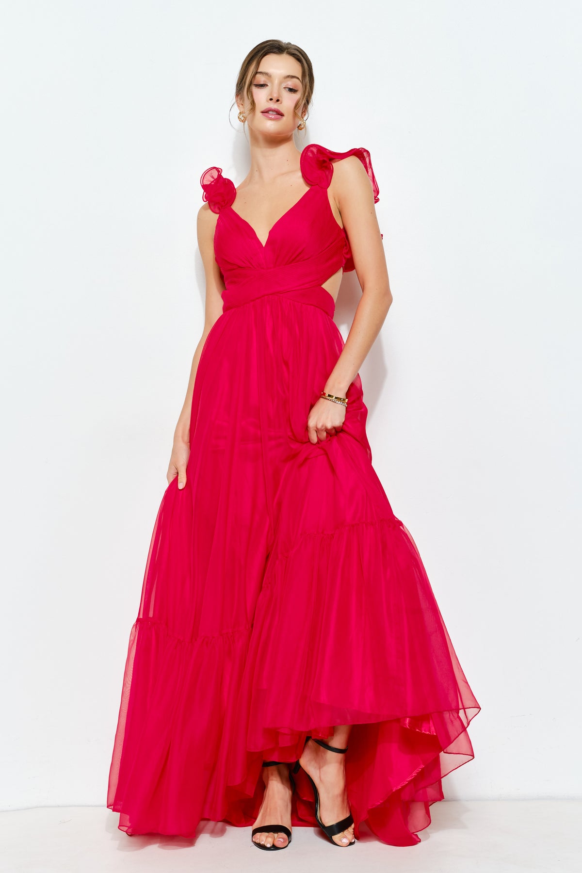Pink Shop by MAF Vestido Largo Amarillo Limon Organza Volantes Espalda Cruzada | V260514 , vista 15