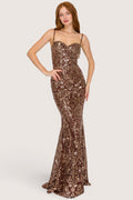 Vestido Largo Chocolate Sirena Lentejuelas Damasco