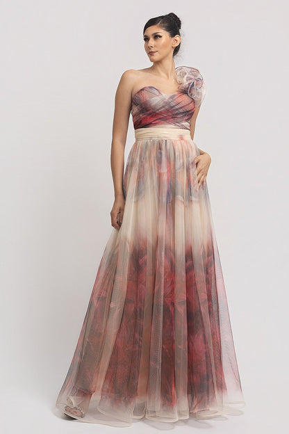 Vestido Largo Nude Mesh Corset Un Tirante con Olán | V260604