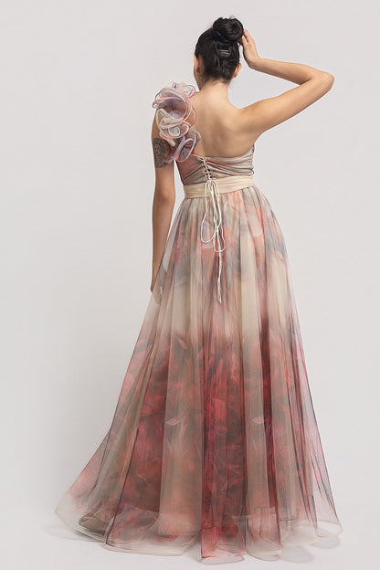Vestido Largo Nude Mesh Corset Un Tirante con Olán | V260604