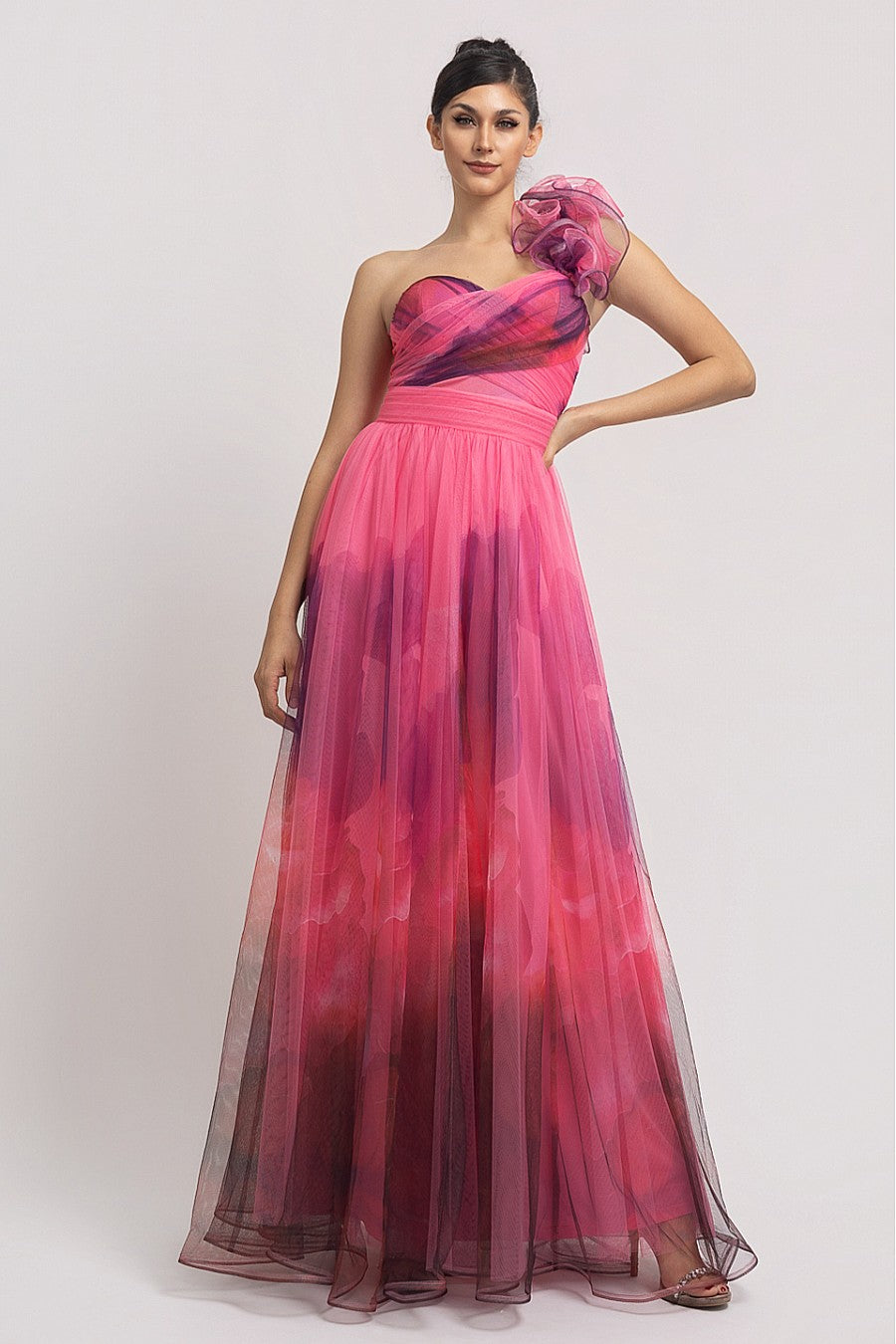 Vestido Largo Rosa Multi Mesh Corset Un Tirante con Olán | V260606