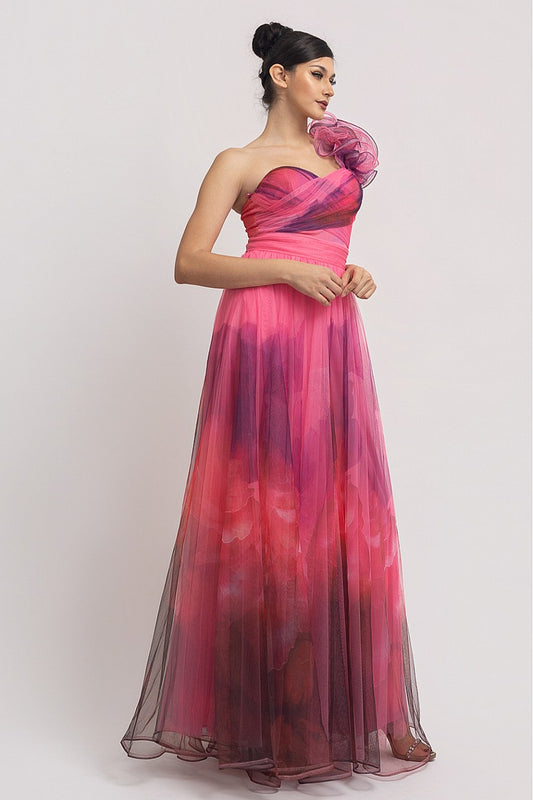 Vestido Largo Rosa Multi Mesh Corset Un Tirante con Olán | V260606