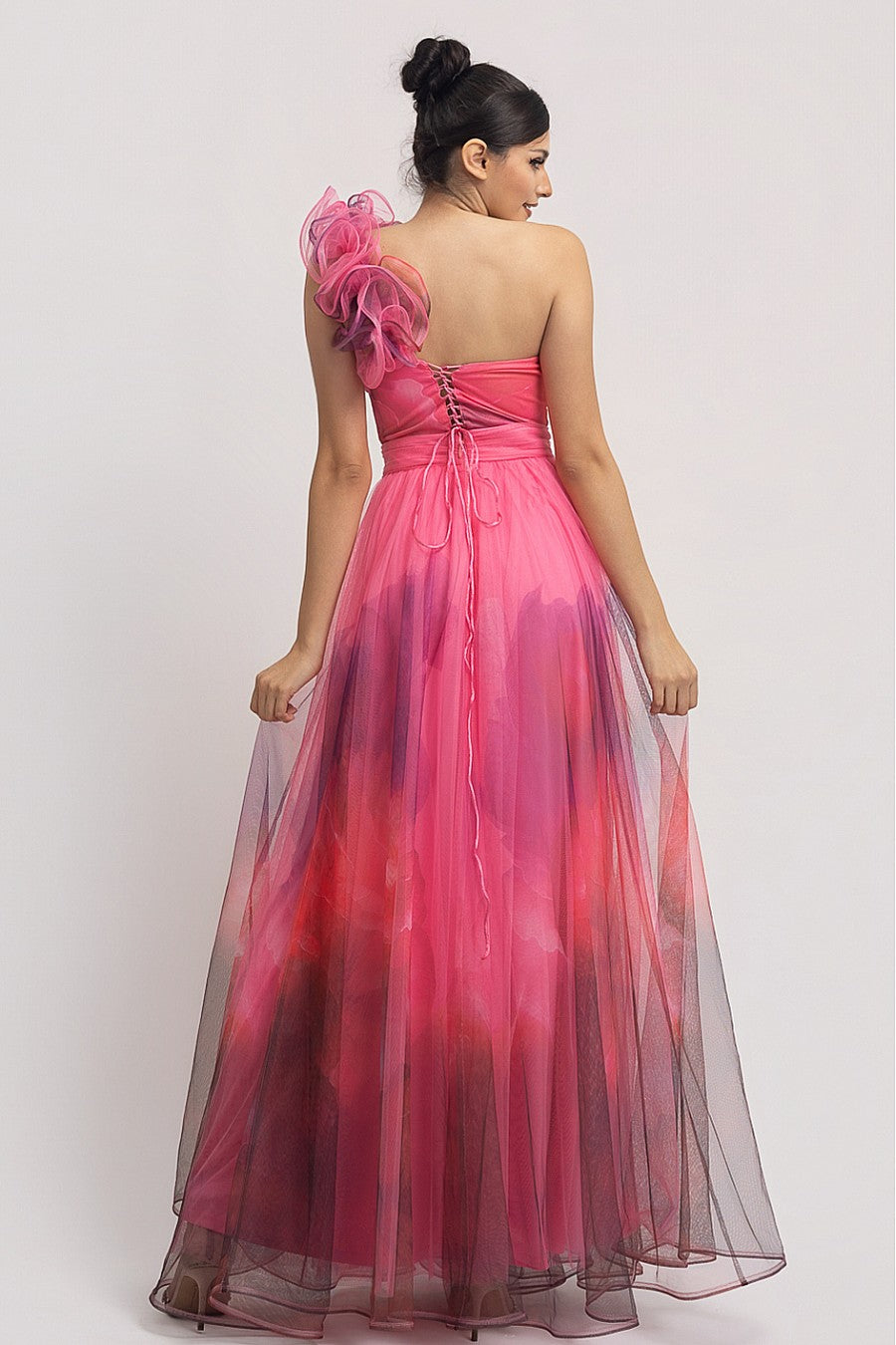 Vestido Largo Rosa Multi Mesh Corset Un Tirante con Olán | V260606