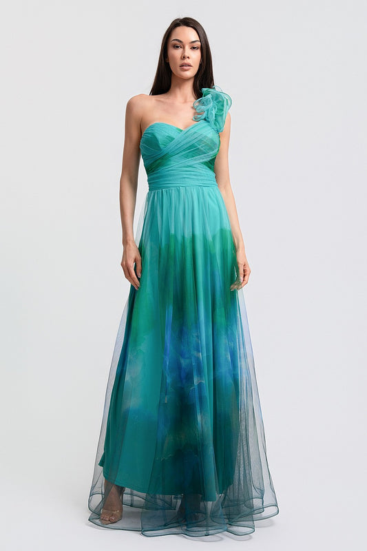 Vestido Largo Verde Salvia Multi Mesh Corset Un Tirante con Olán | V260607