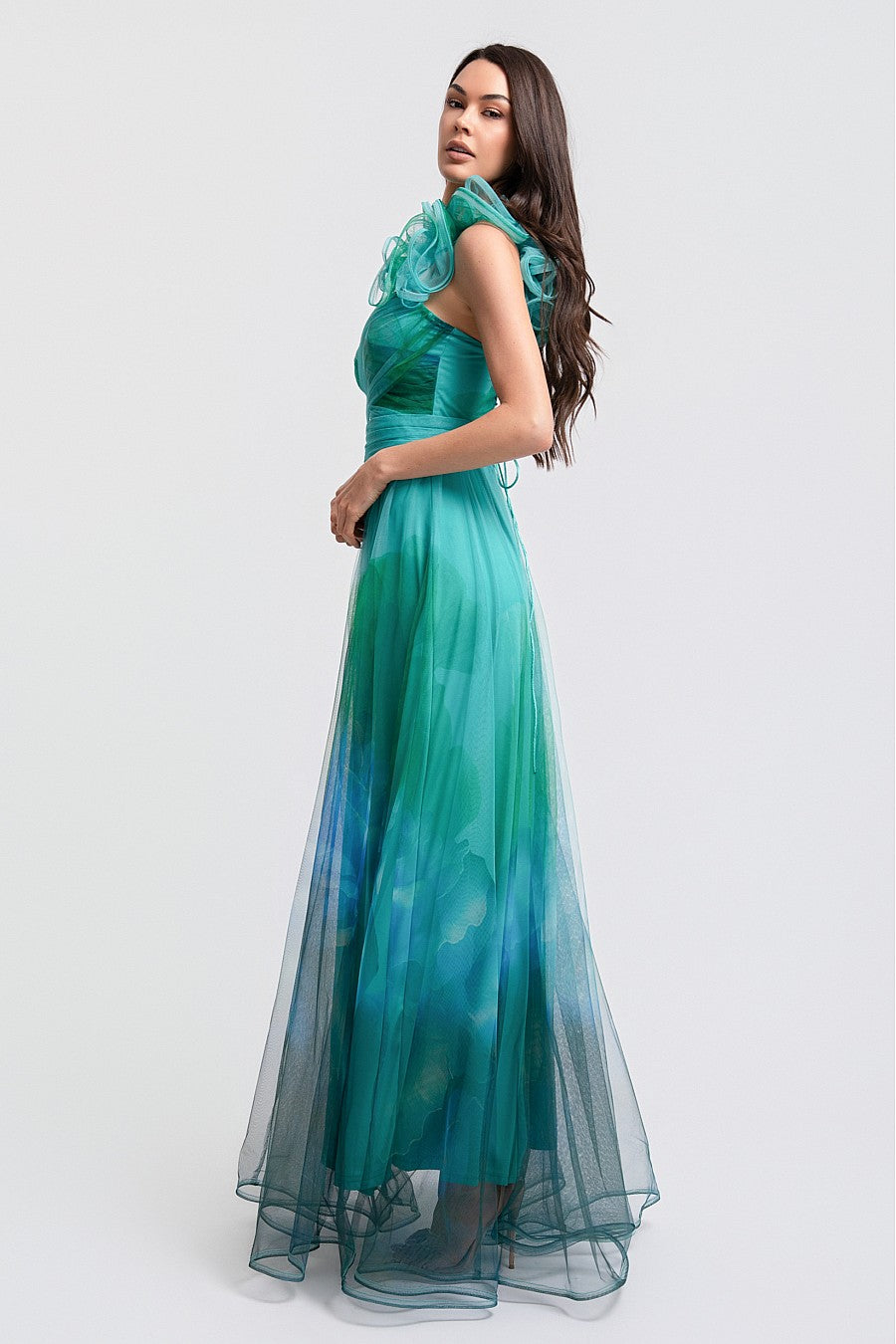 Vestido Largo Verde Salvia Multi Mesh Corset Un Tirante con Olán | V260607