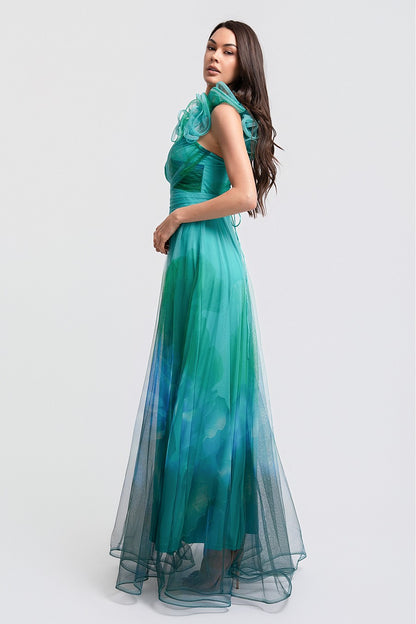 Vestido Largo Verde Salvia Multi Mesh Corset Un Tirante con Olán | V260607
