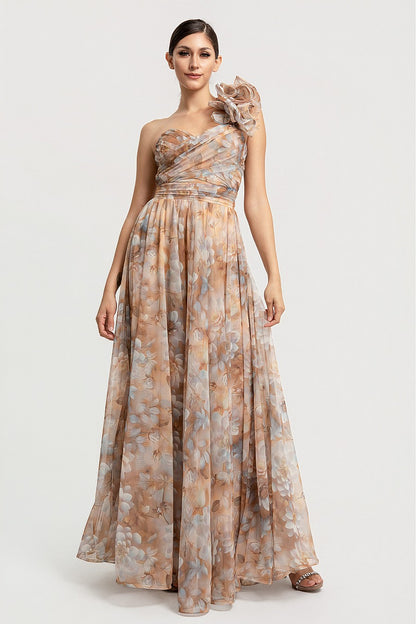 Vestido Largo Beige Tan Floral Corset Un Hombro con Olán | V260608