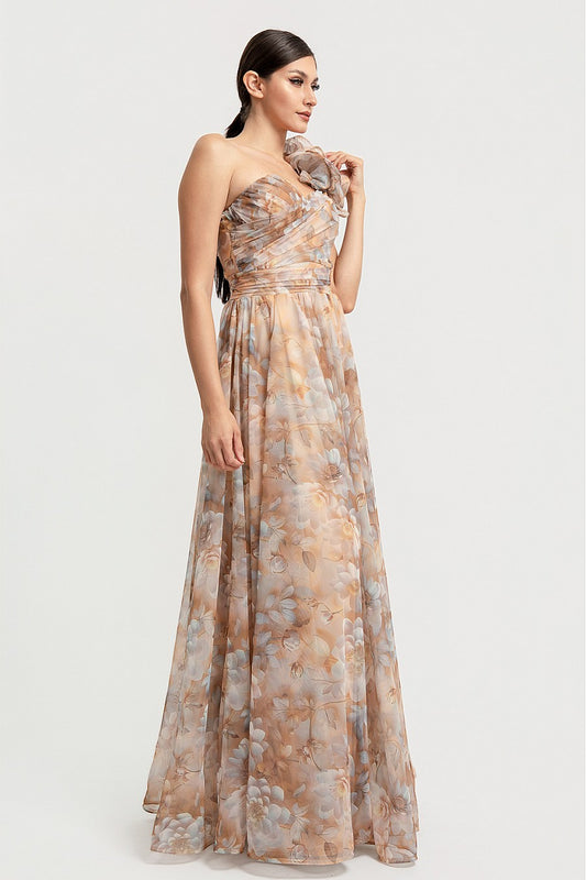 Vestido Largo Beige Tan Floral Corset Un Hombro con Olán | V260608