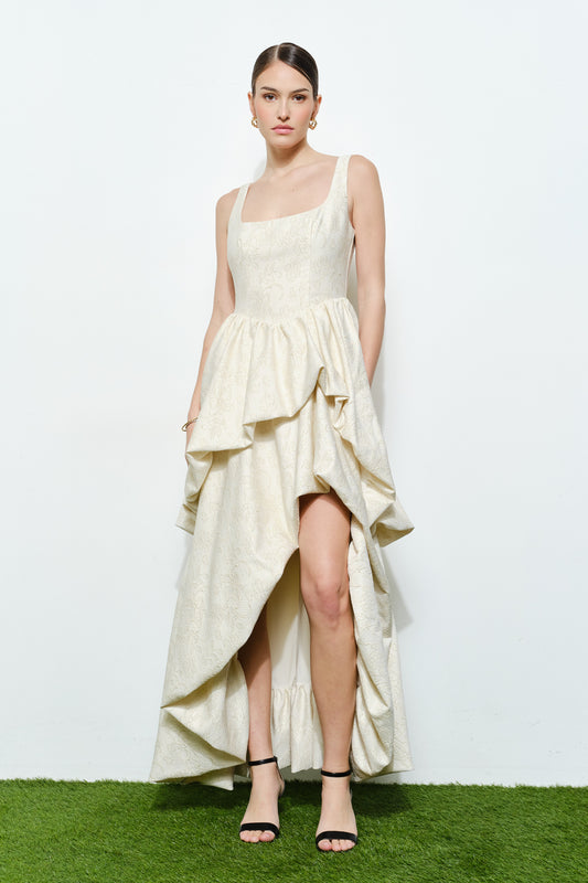 Vestido Midi Vainilla Tejido Escote Cuadrado con Olanes en Cascada | V260609