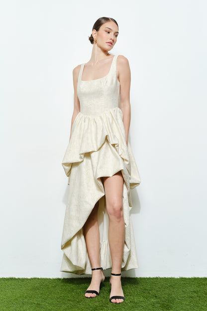 Vestido Midi Vainilla Tejido Escote Cuadrado con Olanes en Cascada | V260609