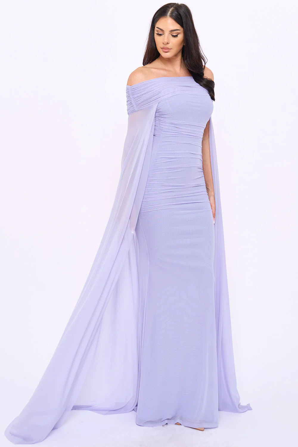 Vestido Largo Azul Violeta Off-the-Shoulder con Capa Fruncida | V260614