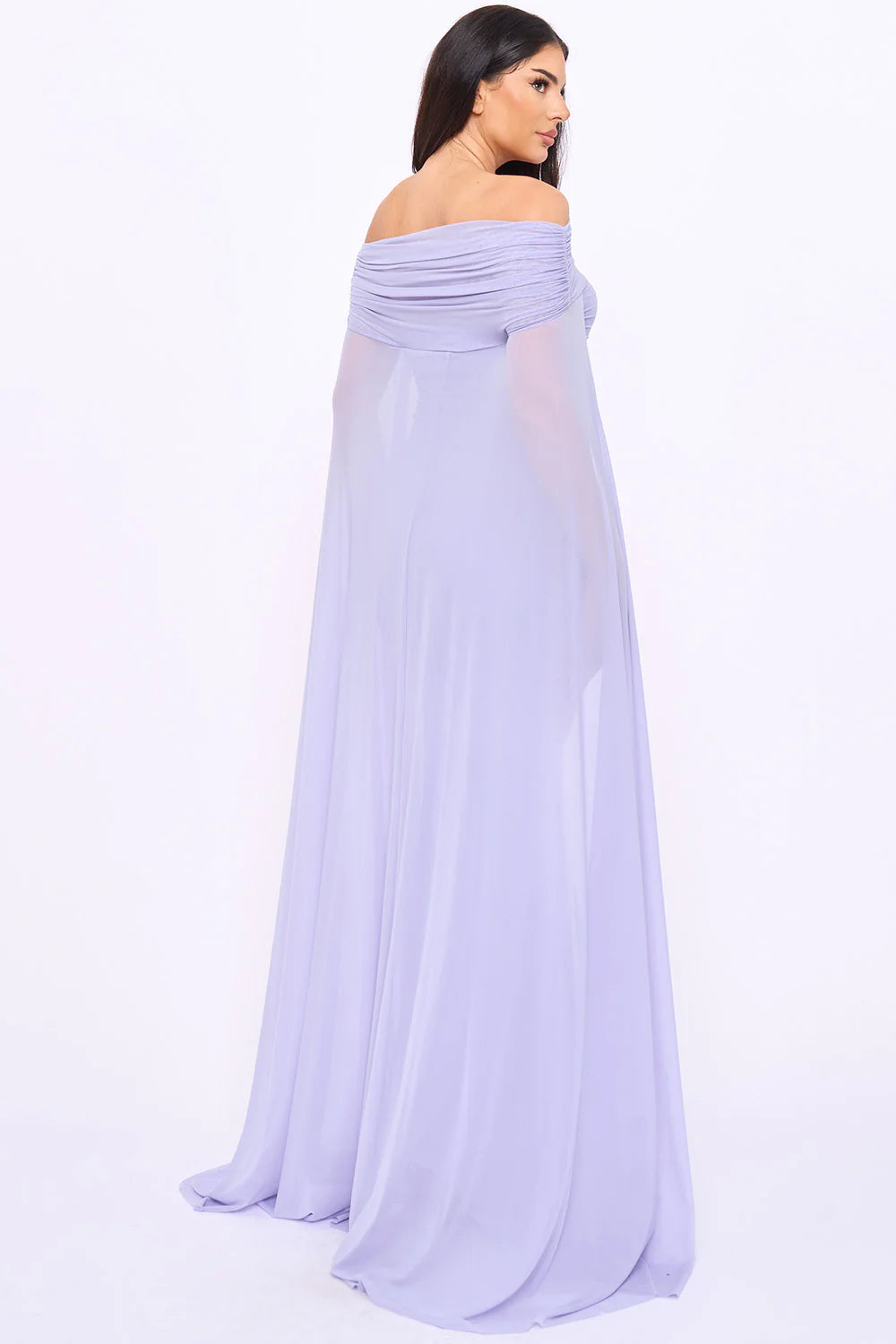 Vestido Largo Azul Violeta Off-the-Shoulder con Capa Fruncida | V260614