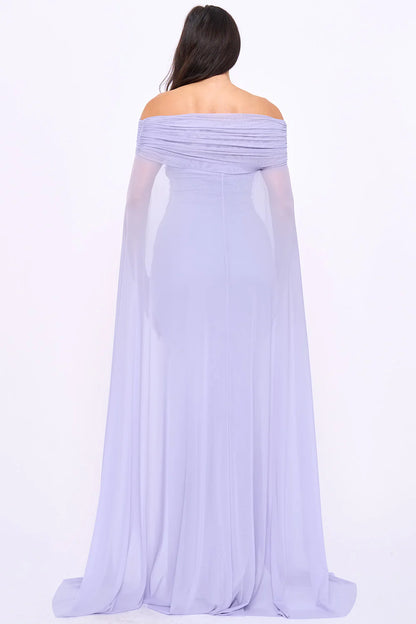 Vestido Largo Azul Violeta Off-the-Shoulder con Capa Fruncida | V260614