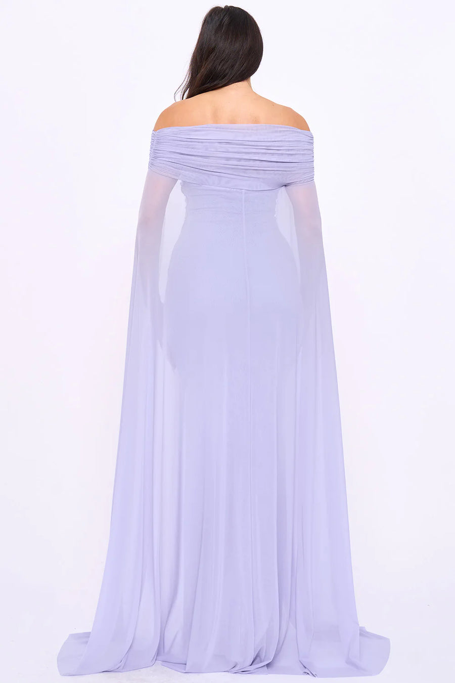 Vestido Largo Azul Violeta Off-the-Shoulder con Capa Fruncida | V260614