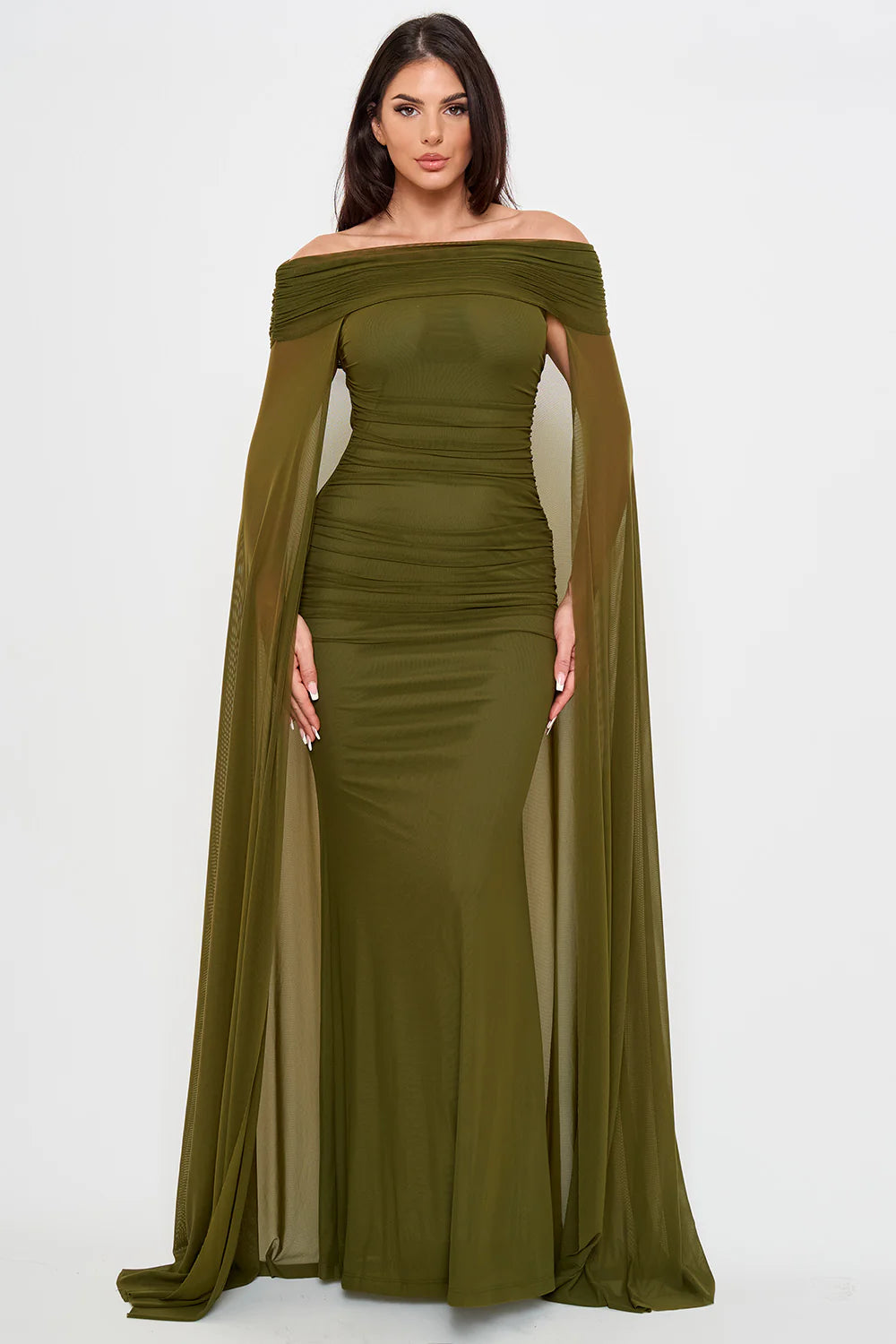 Vestido Largo Olivo Off-the-Shoulder con Capa Fruncida | V260615